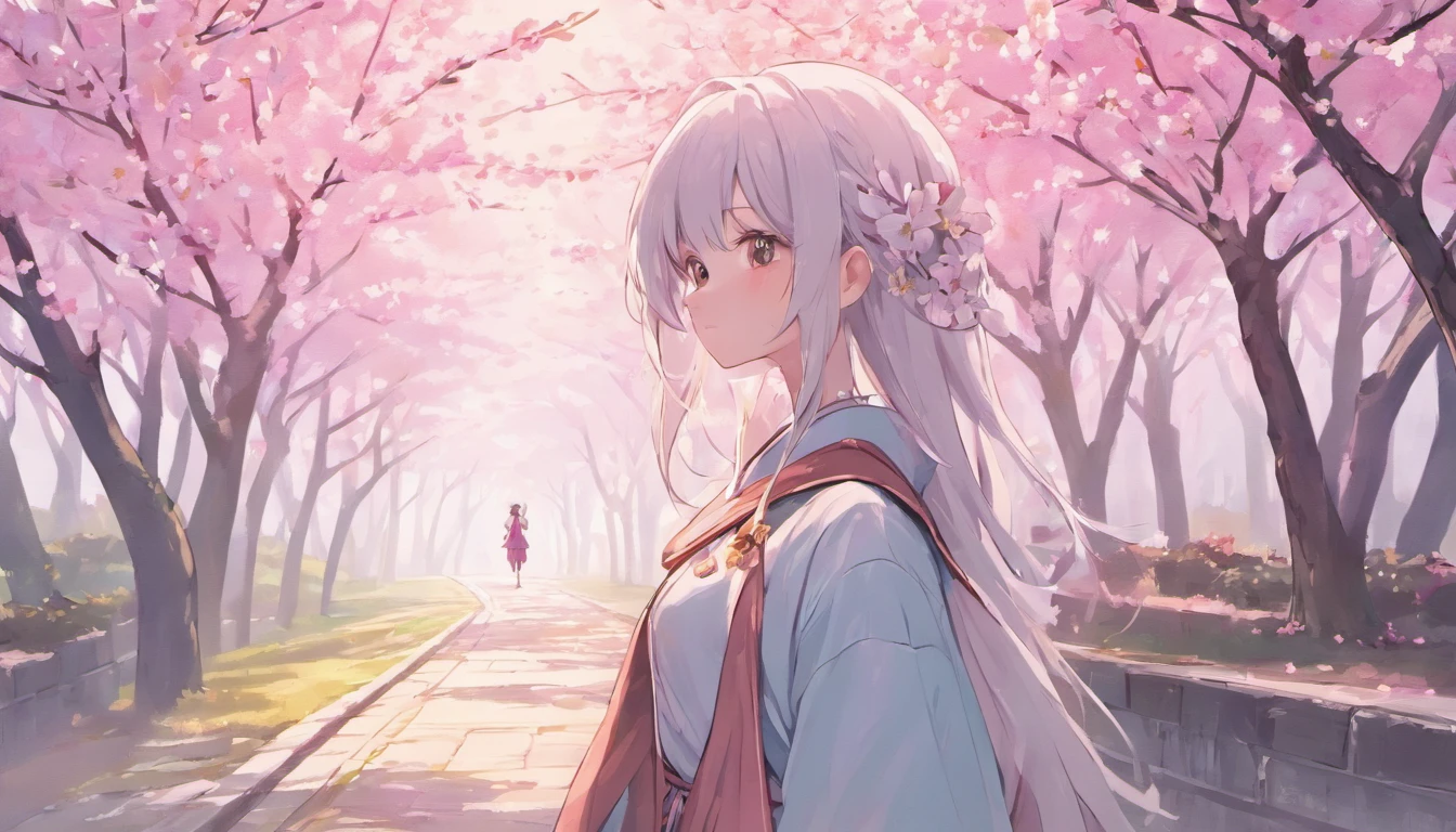 (white background:1.4),(Cherry blossom tree-lined path,silhouette, close your eyes, colorful long hair, ),( reasonable design, clear lines, High sharpness,highest quality, very detailed, masterpiece, movie lighting effects, 4k )pure white background,No expression,cold eyes,Cherry Blossom,Scenic center,gray hair,Cherry tree