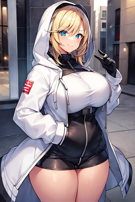 1girl, hood, jacket, hooded jacket, hood on, hood up, blonde hair, large breasts, breasts, wide hips, thick thighs, hourglass figure, white jacket, black shirt, shirt, very short hair, pants, black pants, smile, toned, toned female, urban, mature female, tall, tall female