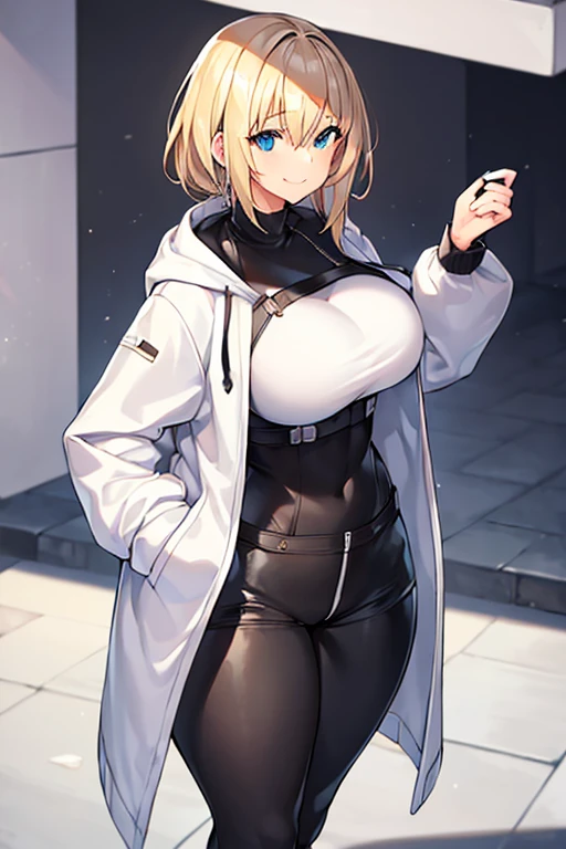 1girl, hood, jacket, hooded jacket, hood on, hood up, blonde hair, large breasts, breasts, wide hips, thick thighs, hourglass figure, white jacket, black shirt, shirt, very short hair, pants, black pants, smile, toned, toned female, urban, mature female, tall, tall female, arm down, hands down, arms down, hand down, cropped jacket, ((cropped jacket)), 2d, anime style, anime screencap