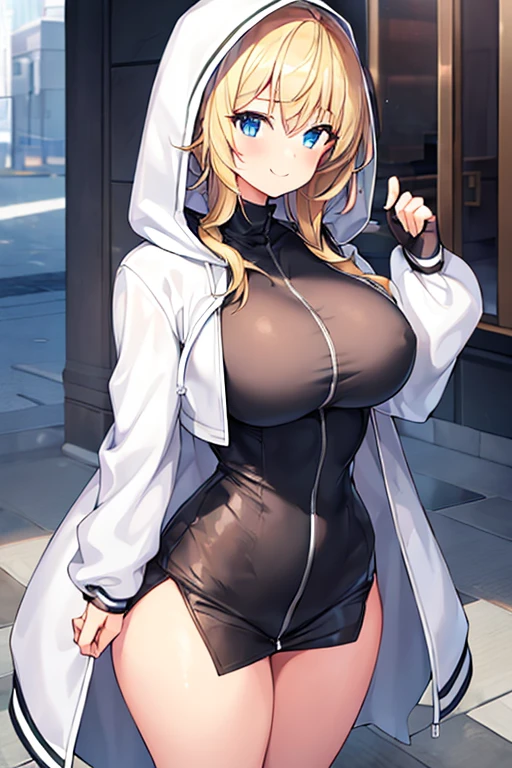 1girl, hood, jacket, hooded jacket, hood on, hood up, blonde hair, large breasts, breasts, wide hips, thick thighs, hourglass figure, white jacket, black shirt, shirt, very short hair, pants, black pants, smile, toned, toned female, urban, mature female, tall, tall female