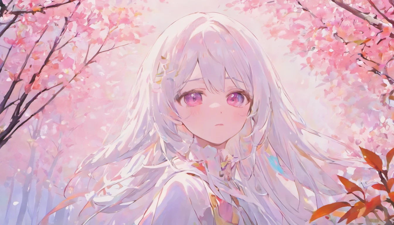 (white background:1.4),(girl head silhouette, close your eyes, colorful long hair, ),( reasonable design, clear lines, High sharpness,highest quality, very detailed, masterpiece, movie lighting effects, 4k )pure white background,No expression,cold eyes,Cherry Blossom