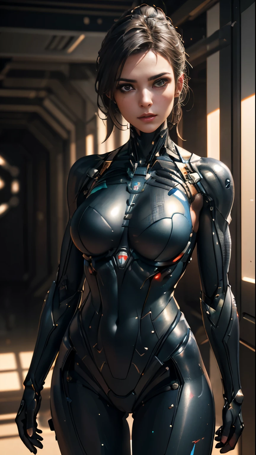 (masterpiece:1.2), (realistic), absurdres, 1girl, solo, atomtwins, (metallic_skin), robot, android, red star, (faceless:1.6), skinny, (gigantic breasts:1.6), (sagging breasts:1.4), erect_nipples, cleavage, (cameltoe:1.4), (simple_background:1.4), (gray_background:1.4), (black leotard), (thighhighs), (arms_behind_head:1.6), (armpits), (spread legs:1.2), (standing), (from side)
