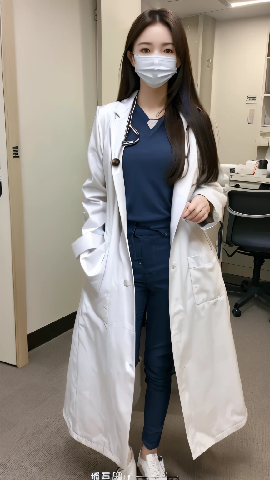 A girl in a white coat wears a mask and a camera, real 4k, height 168 cm