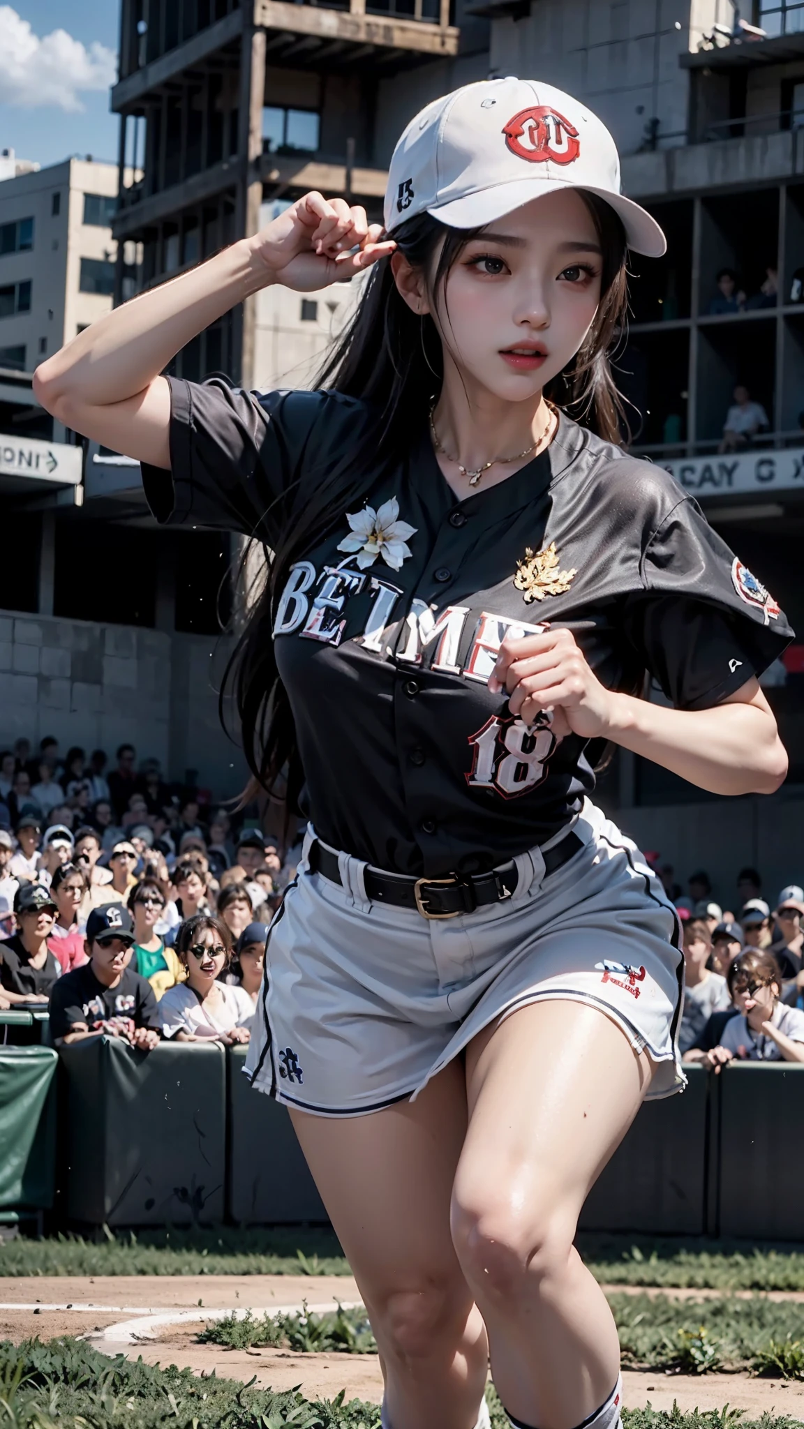 whole body，full body，dynamic poses，Pitching action，Finger details:1.5,Impactful graphics，A dynamic and dynamic female baseball character，It&#39;s really eye-catching。she&#39;s wearing a baseball uniform，wearing a baseball cap，It gives a professional and confident feeling。Her movements also appear very natural and smooth，Looks like he&#39;s always ready to compete。The baseball field and spectators in the background add to the overall liveliness and realism.。Such a design，Whether it’s anime or games，can attract people&#39;s attention，One can&#39;t help wanting to know more about this baseball woman&#39;s story。