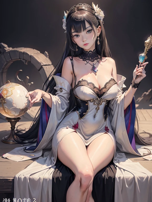 Super clear photo of a girl with supernatural beauty and charisma+cinematic shots+dynamic composition,信じられないほどdetailedな,sharpen,detailed+Pose from Wop Painting+characteristic+background+summer+perfectionism+ultra detailed hair+非常にdetailedな肌+超detailedな目+close your mouth+super haute couture dress+High-fashion make-up+art by wlop+High-fashion make-up+award-winning realism+The images are shot in stunning style,With hope and joy+close up shot+The composition is balanced and dynamic+Image taken with Canon EOS 5D Mark IV and Fujifilm Superior X-TRA 400 film,ambient light,blurry background,blurred foreground,Bokeh,Character gloss,chiaroscuro,choker,collar,crossed legs,crystal ball,Depth of the bounds written,(It's dim),earrings,exposed_compensate,realistic,lace elbow gloves,elegant look,eye focus on the crystal ball,eye shadow,Front view,full body,gem,shine,goddess,gothic,hair,hair ornament(\both sides\),holding,jewelry,lips,lipstick,intricate long hair --ar 2:3 - q 5 - rainbow 5