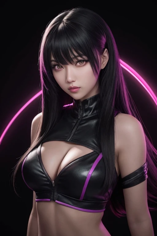 1girl, akali, kda, akali league of legends, star eye, blush, perfect illumination, black hair, red eyes, unreal engine, sidelighting, detailed face, bangs, bright skin, simple background, dark background, purple light rim