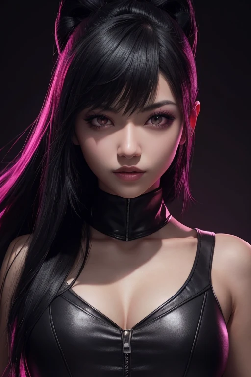 1girl, akali, kda, akali league of legends, star eye, blush, perfect illumination, black hair, red eyes, unreal engine, sidelighting, detailed face, bangs, bright skin, simple background, dark background, purple light rim