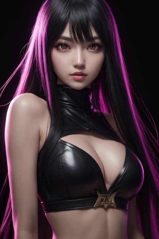 1girl, akali, kda, akali league of legends, star eye, blush, perfect illumination, black hair, red eyes, unreal engine, sidelighting, detailed face, bangs, bright skin, simple background, dark background, purple light rim