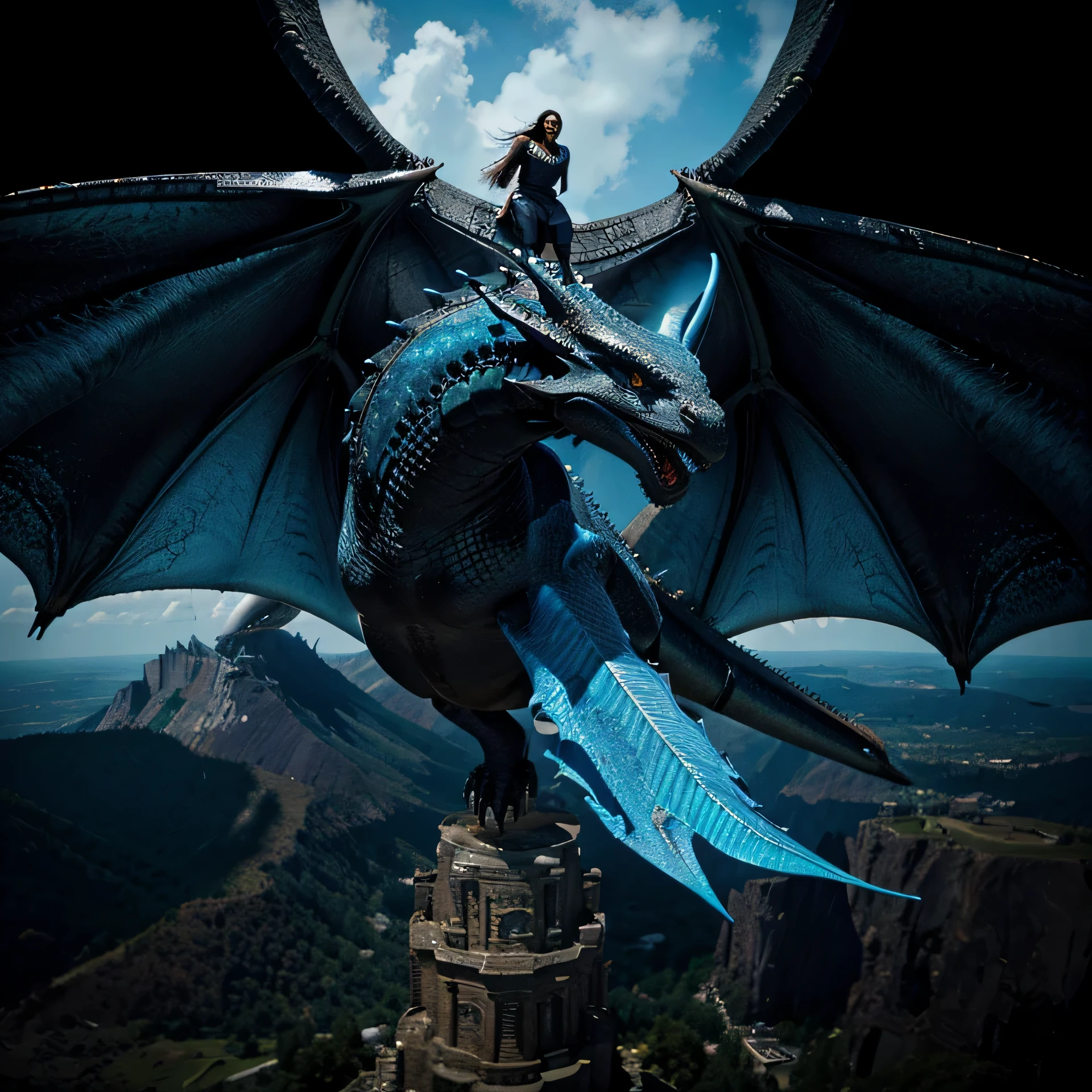 Large black male dragon flying with a medium size blue female dragon