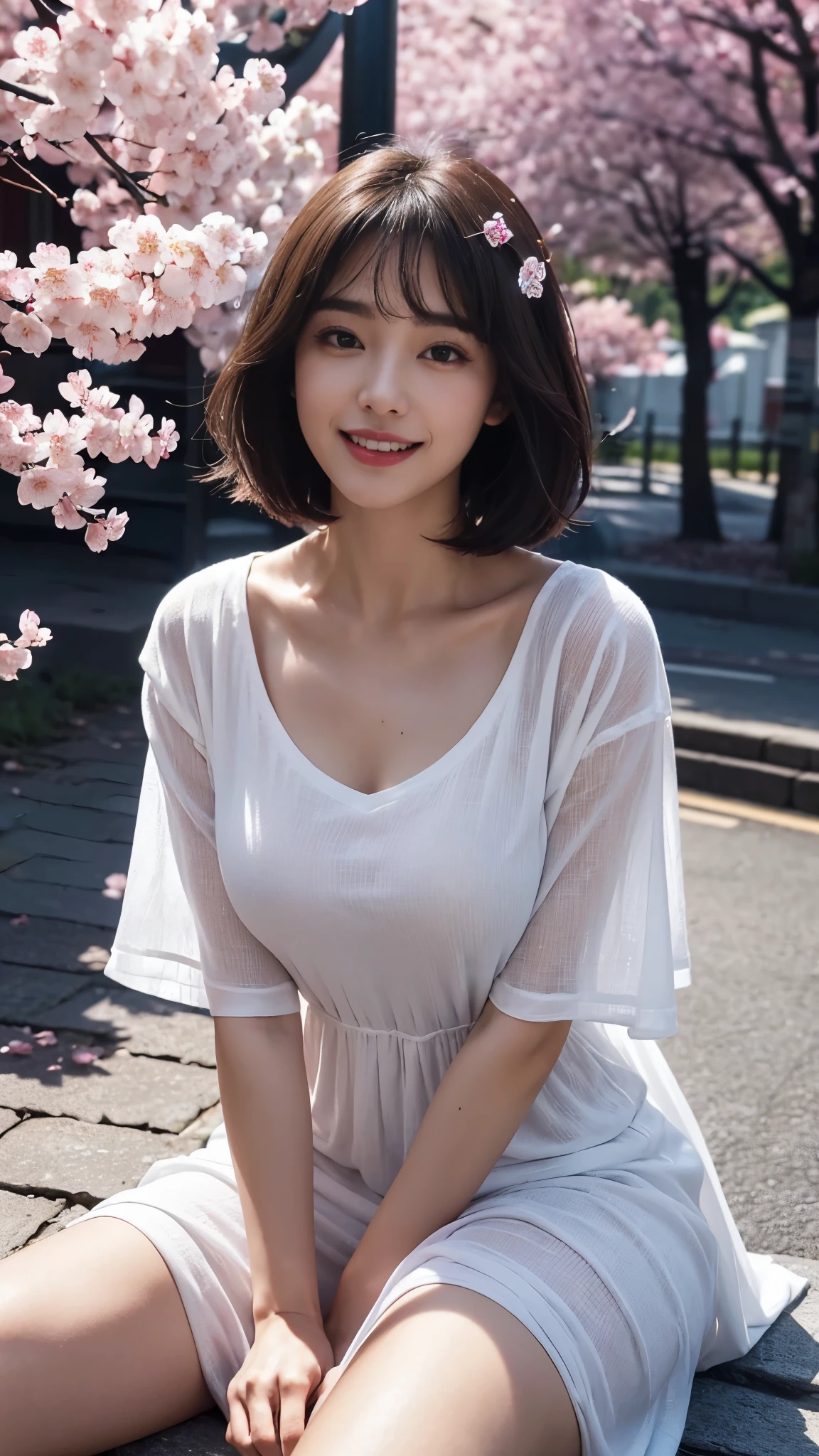 ((best quality, 8 thousand, masterpiece:1.3)), Concentrate upon: 1.2, bee waist, perfect body beauty:1.4, ((layered haircut:1.2)), Highly detailed face and skin texture, White skin, whole body, see it, the gap is big., big bust, Volume, laugh, beautiful teeth, (반팔 long dress t-shirt:1.3), sagging breasts, big bust, (dark night with no one), (dark cherry blossom street:1.3), (sit down), (alone:1.2), long dress t-shirt, (V-neck),