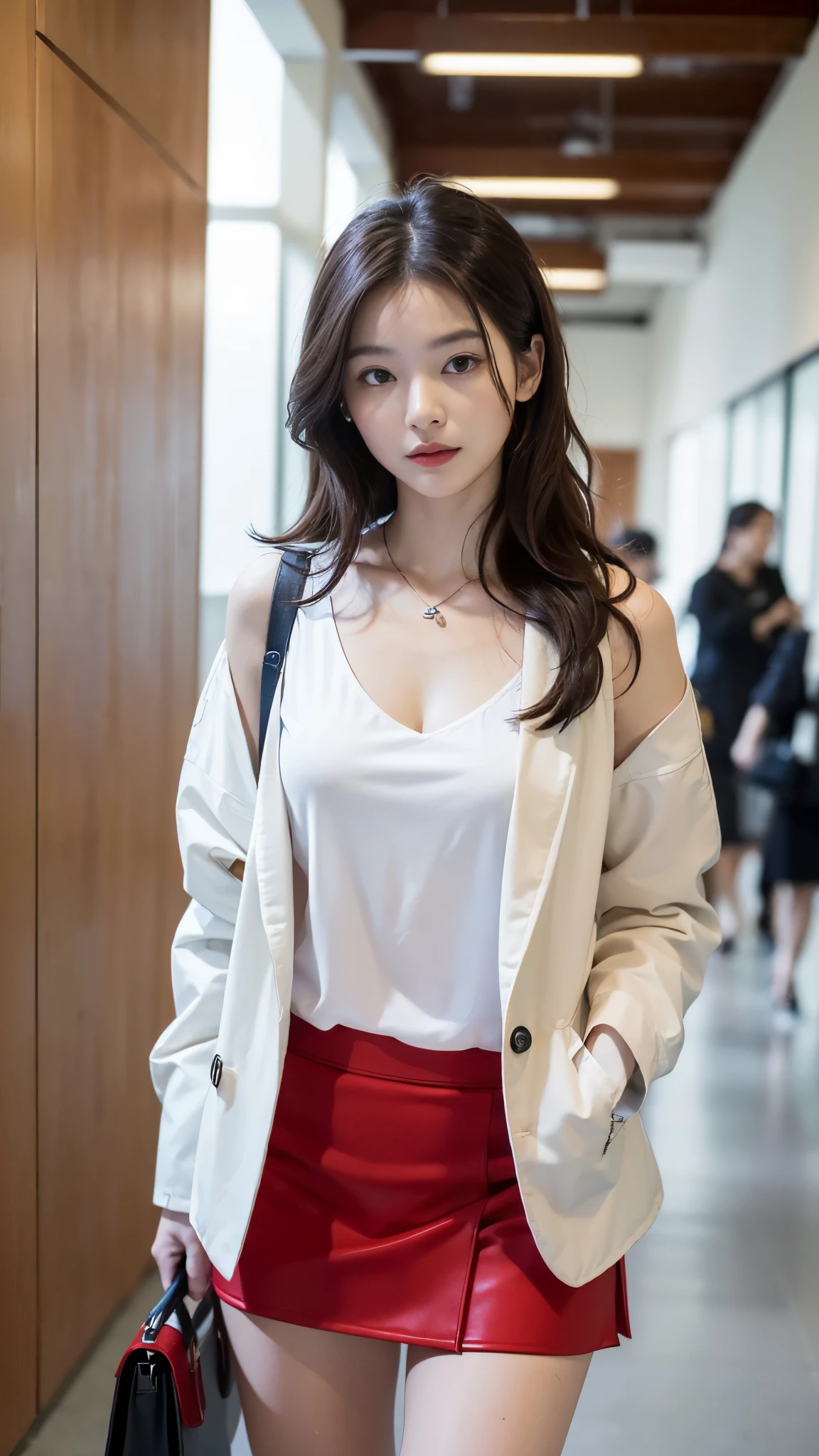 (((best quality, 8 thousand, masterpiece:1.4)), (20 year old woman), masterpiece, distinct, highres, high_quality, wide_shot, small_face, absurdly_short_hair, female, sagging_breasts, balancing, stretching, gentle_face, bare_shoulders, center_opening, downblouse, (brown wavy very long hair), He walks forward carrying a small luxury bag., (Huge, saggy breasts), red tulip skirt, red simple jacket, white v-neck shirt, neat office office hallway, white tone office, Office Look:1.3, Prada, Her job is CEO, she is an office worker,