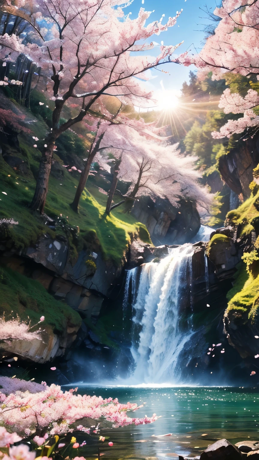 ((LOGO, AMAZING, 8K, TABLETOP, RAW PHOTO, Awesome, Top Quality, Photorealistic and Highly Detailed CG Integrated 8K Wallpaper, High Quality, Highly Detailed, Narrative Verse, Particle Effects, Dynamic Effects, Text Border Depth, Cinematic Light, Lens Flare, Ray Tracing, Tabletop, Real: 1.4, Ultra HD: 1.2, Real, Real)), Fantasy, Anatomically Correct, Wind, Beauty of Mountains and Forests and shine, the world's silence and beauty of the meadow, the vast land, the lakeside, the wonderful scenery, the beautiful natural scenery, the wind, the cherry blossoms, the cherry blossom petals are dancing, the cherry blossom blizzard, the falling petals.