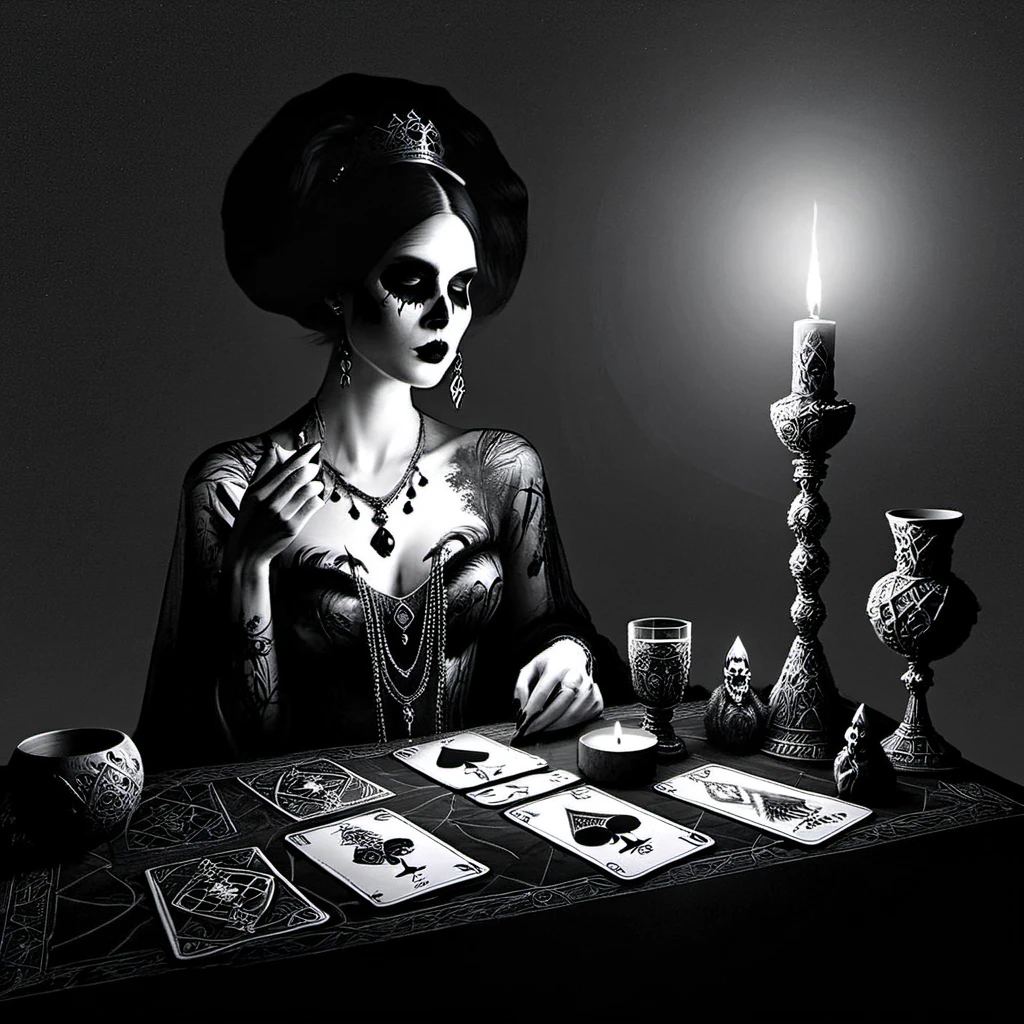 Double exposure ink sketch of a woman adorned in mystical attire, applying makeup, laying out tarot cards featuring the Death and Jester, alongside a trio of goblets set against a night sky, multi exposure technique, evocative of Philippe Vignal's artwork, black and white, intricately detailed elements, chiaroscuro effect emphasizing light and dark, high resolution digital art, soft volumetric lighting enhancing the scene, intricate complexity, rendered in unreal engine, photorealistic