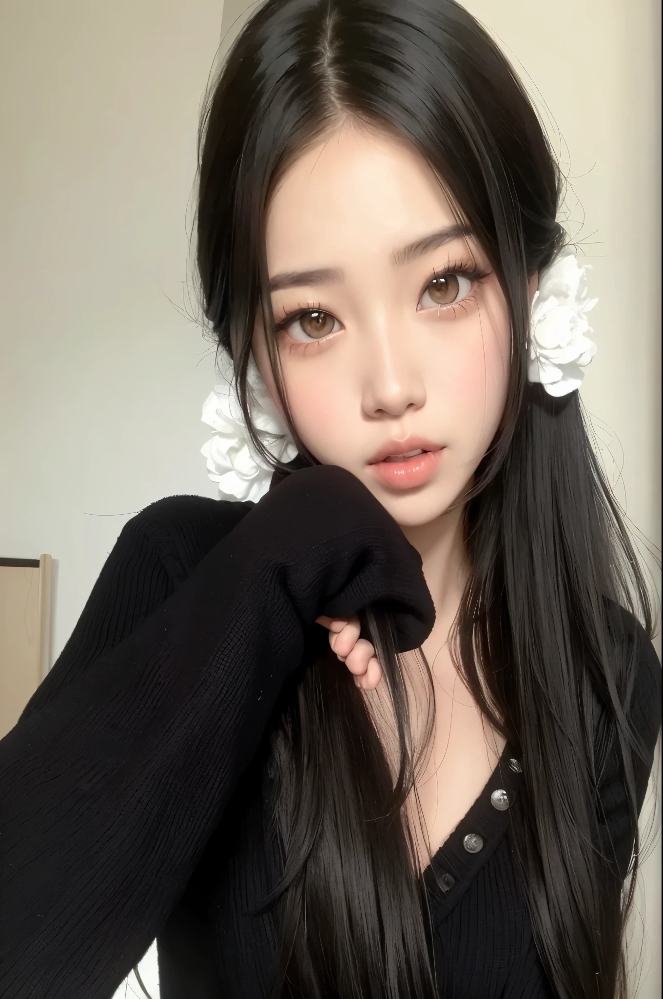 a closeup of a woman with long black hair and a black sweater, ulzzang, joven y adorable rostro coreano, muchacha coreana, hermoso rostro estetico, Young cute pale asian face, pale korean adorable face, rasgos de la cara coreana, beautiful asian girl, hermosa mujer surcoreana, hermosa joven coreana, hermosa joven coreana, chica linda-cara-fina