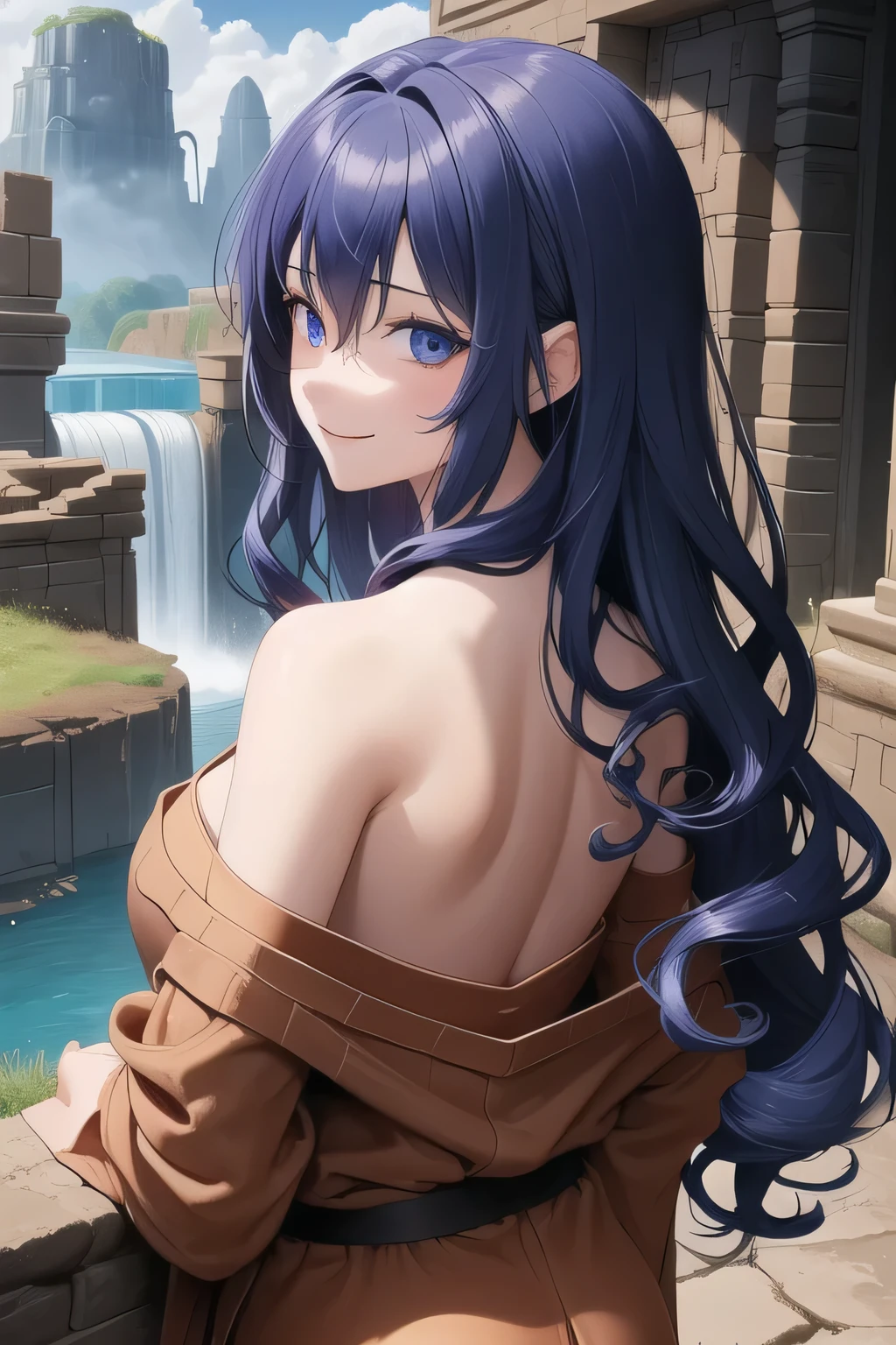 1girl, solo, upper body, from behind, cobalt blue hair, wavy long hair, beutiful, (princess face) 15 year old ager, blue eyes, looking at viewer, smile, brown sweater, collarbone, off shoulder, strapless, Ruins of a Jedi temple with river and waterfalls background. BROWN CLOTHES. ALMOST CURLY HAIR.
