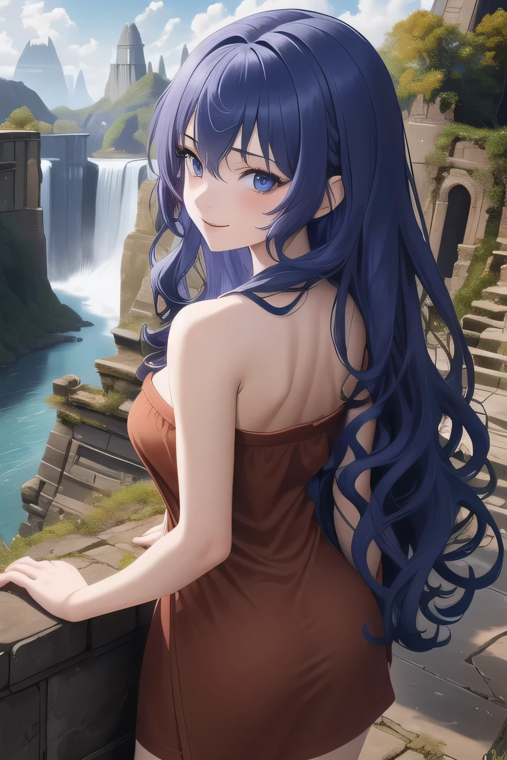 1girl, solo, upper body, from behind, cobalt blue hair, wavy long hair, beutiful, (princess face) 15 year old teenager, blue eyes, looking at viewer, smile, brown sweater, collarbone, off shoulder, strapless, Ruins of a Jedi temple with river and waterfalls background. BROWN CLOTHES. ALMOST CURLY HAIR.