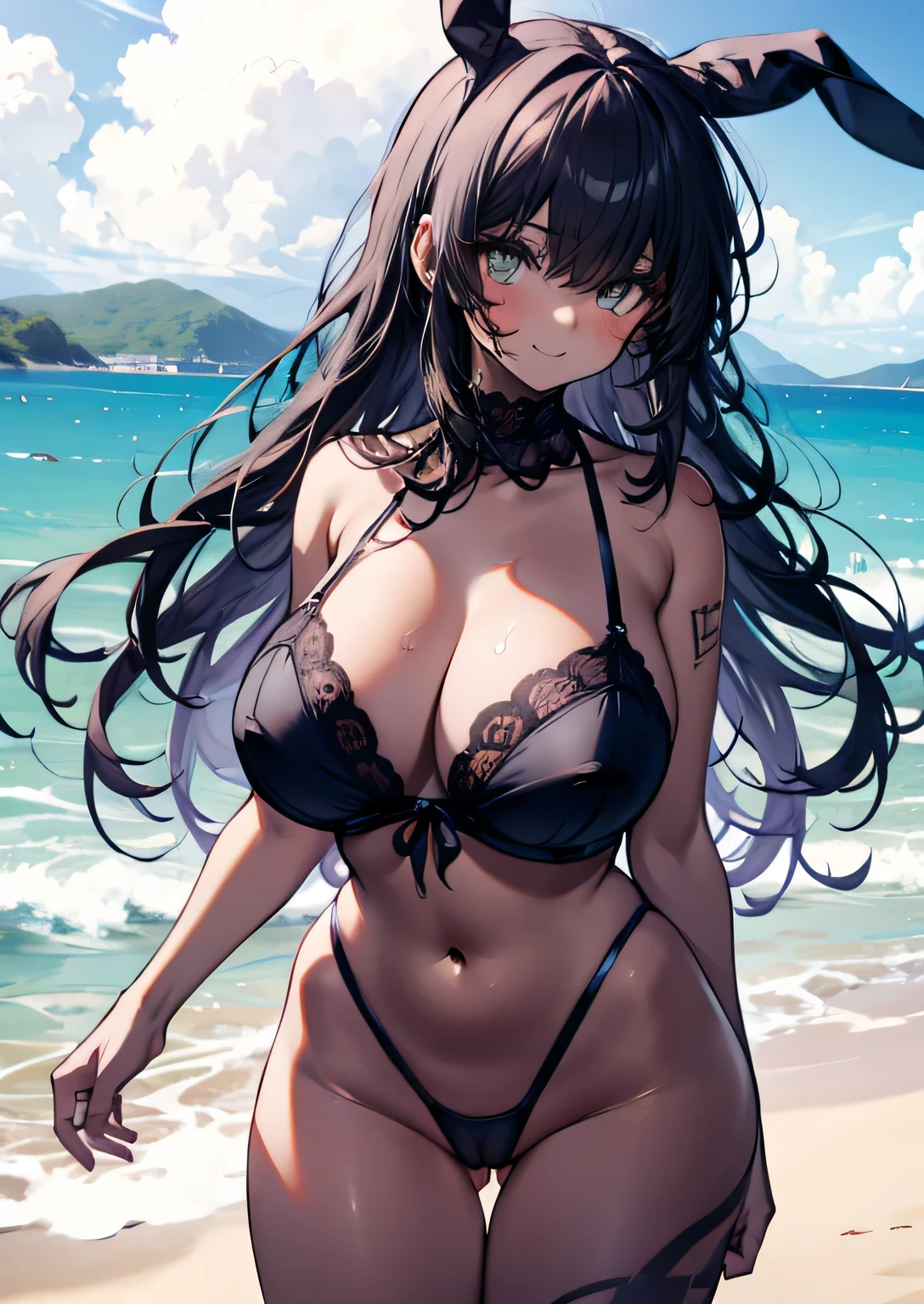 anime illustration、Highest image quality、play on the sandy beach、A plump, dark-skinned, slutty high school girl shows off her vagina and flirts、Shimakaze、perfect proportions、Overwhelmingly big breasts beyond the norm、thick legs with fat、big areola、Beautiful sparkling eyes、cowboy shot、smile、get into heat、body paint、face paint、shaved pussy、exposing nipples