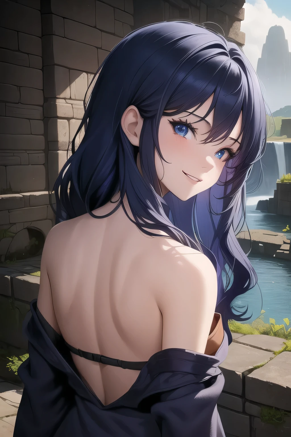 1girl, solo, upper body, from behind, cobalt blue hair, wavy long hair, beutiful, (princess face) 15 year old teenager, blue eyes, looking at viewer, smile, brown sweater, collarbone, off shoulder, strapless, Ruins of a Jedi temple with river and waterfalls background. BROWN CLOTHES. ALMOST CURLY HAIR.