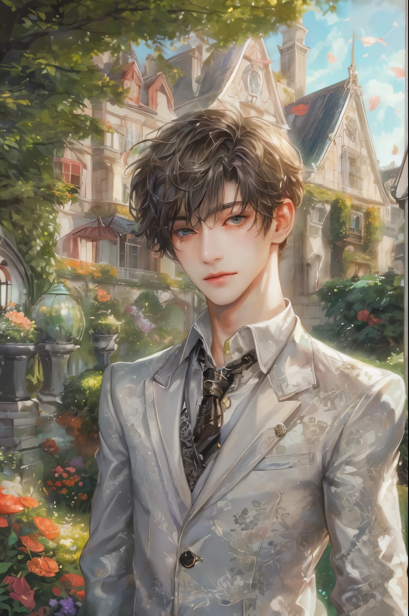 (masterpiece, top quality, best quality, official art, beautiful and aesthetic:1.2), boy, handsome, short hair, extreme detailed face, an aristocrat wedding male version , colorful, highest detailed, (perfect face), shiny skin, HDR, detailed surroundings, boy is wandering in front of the big mansion with garden and topiary