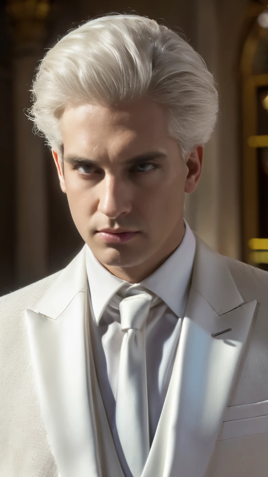masterpiece, highest quality, (solo focus), (perfect face:1.1), (high detail:1.1),dramatic, 1guy, (pale skin), long white hair, white eyes, [light eyebrows], solo, venetian mask, white luxury suit, covered navel, pouty lips, covered, ballroom, detailed background, art by artgerm and greg rutkowski,  cinematic lighting, roses