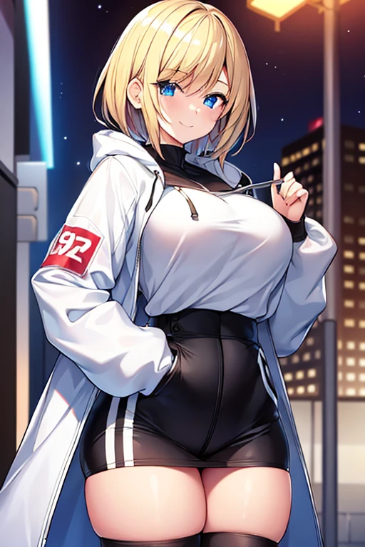 1girl, hood, jacket, hooded jacket, hood on, hood up, blonde hair, large breasts, breasts, wide hips, thick thighs, hourglass figure, white jacket, black shirt, shirt, very short hair, pants, black pants, smile, toned, toned female, urban, mature female, tall, tall female