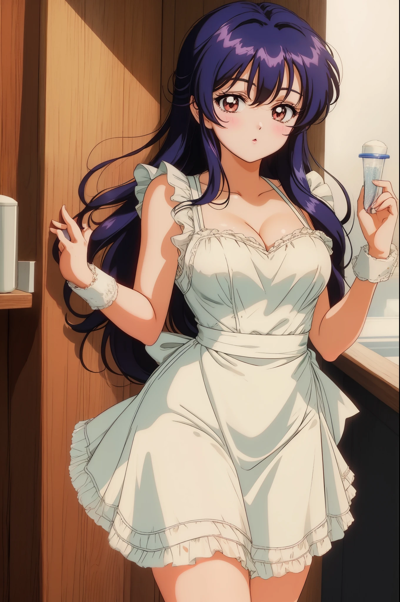 Solo, cowboy shot,Sonoda umi, wearing only one piece bodycon dress,maid apron, cleavage,blushing, standing, in cafe