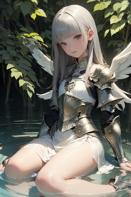 (Angel wings), ((armored dress)), (Small chest:1.1), (Silver long hair:1.3, short bangs), Teenage girl in water surrounded by string, (Baby face:1.1, Neat face, Fairer skin), thighs, A translucent white cloth is wrapped around the body, the_string, Full body shot, 3D, (Photorealistic: 1.4), (Highly detailed), (high resolution), (Best quality), (masterpiece)