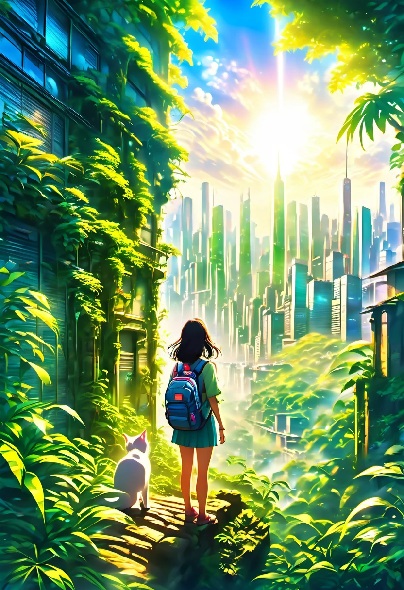 (8K、Raw photo、highest quality、look up:1.2、masterpiece:1.2、genuineistic、ultra high resolution、high contrast、photon mapping、genuine、Super detailed、official art, Raw photo、professional lighting、 light、Vivid atmosphere、twicelight)
This anime scene、While having the atmosphere of a work directed by Makoto Shinkai,、Expresses a post-apocalyptic worldview。A girl with a backpack looking at the city skyline from the forest、It is reminiscent of emotional scenes like Makoto Shinkai's works.。
High-rise buildings in the city are covered with trees from the walls and windows々pops out、The building is covered like a lush jungle.、It depicts a futuristic landscape where nature and the city are fused.。A city bathed in bright sunlight、It suggests a bright and hopeful future.。
A girl trying to enter a building in the city、It symbolizes young people trying to break out into society.。and、The pure white cat that is nestled next to me、As a familiar presence、Watching the girl's journey。
This scene is、Following the style of director Makoto Shinkai、I am drawing a post-apocalyptic animation with a unique world view.。
