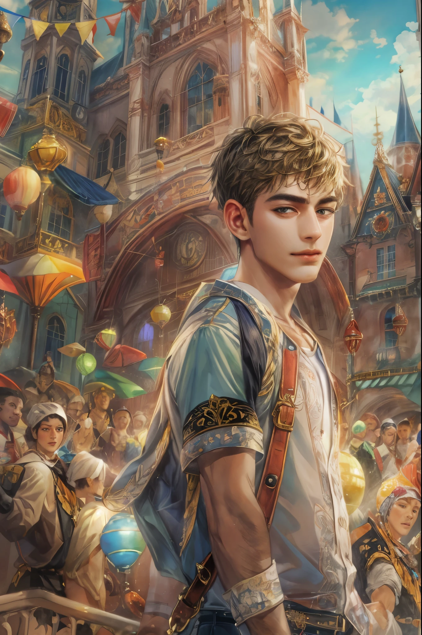 (masterpiece, top quality, best quality, official art, beautiful and aesthetic:1.2), boy, handsome, short hair, extreme detailed faces, a character from a disney tale wearing casual outfit in a carnival, highest detailed, (perfect face), shiny skin, HDR, detailed surroundings, on the entrance of the carnival with a church scenery