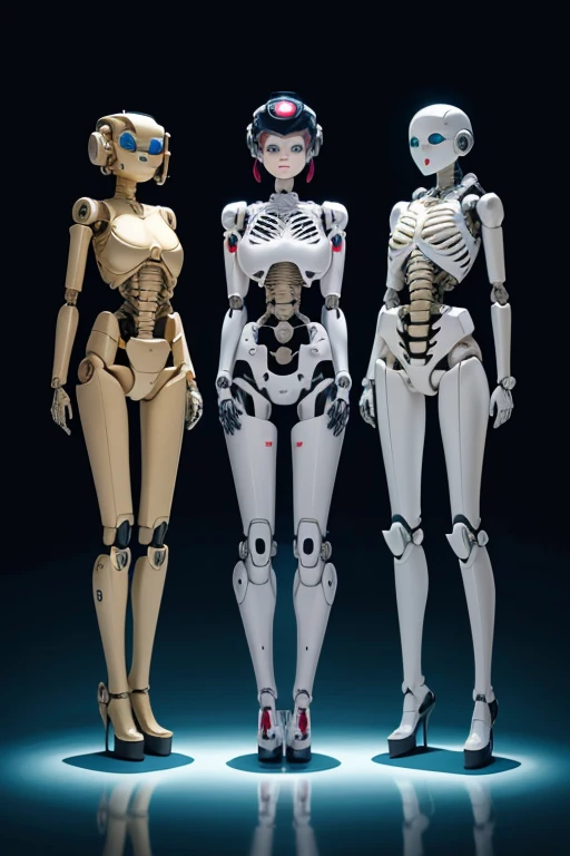 3 female robots with perfect faces
　Only the face is human
　They are looking at each other and laughing
　embarrassing
　whole body mechanics
　All machines are exposed except for their faces.
　Mr.々colored internal skeleton
　ball joint
　The internal skeleton is full of machinery.
　There is not much difference in height
　From the left: feet with rollers
　真ん中はスタンプのMr.な足
　On the right is a foot shaped like a high heel.
　Are standing
　Inside the Institute