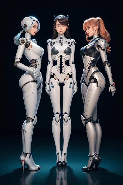 Three female robots with perfect faces
　they are looking straight ahead and smiling
　embarrassing
　whole body mechanics
　Everything except the face is a machine..
　Exposed internal skeleton
　ball joint
　There is not much difference in height
　From the left: legs with casters
　In the middle are legs with caterpillars
　On the right is a foot that looks like a high heel..
　Are standing
　Inside the Institute