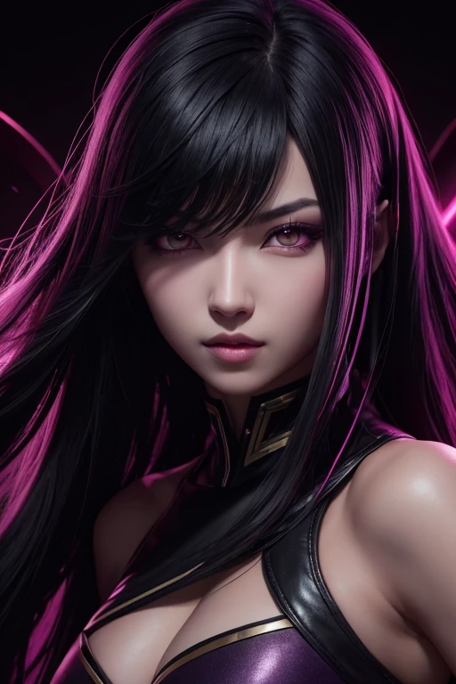 1girl, akali, kda, akali league of legends, star eye, blush, perfect illumination, black hair, red eyes, unreal engine, sidelighting, detailed face, bangs, bright skin, simple background, dark background, purple light rim
