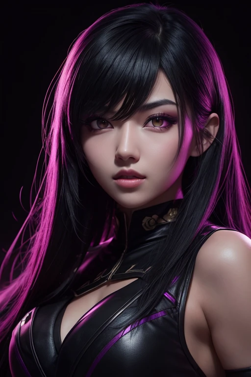 Sexy banshee，sesshouin kiara, horns, veil, long hair, black hair, collarbone, forehead mark, bare shoulders, facial mark, multicolored hair, chest tattoo, tattoo, cleavage, pink hair, detached sleeves, wavy hair, bangs, very long hair, gradient hair, pink lips, thighhighs, sideboob, pink thighhighs, (bodysuit:2)，
