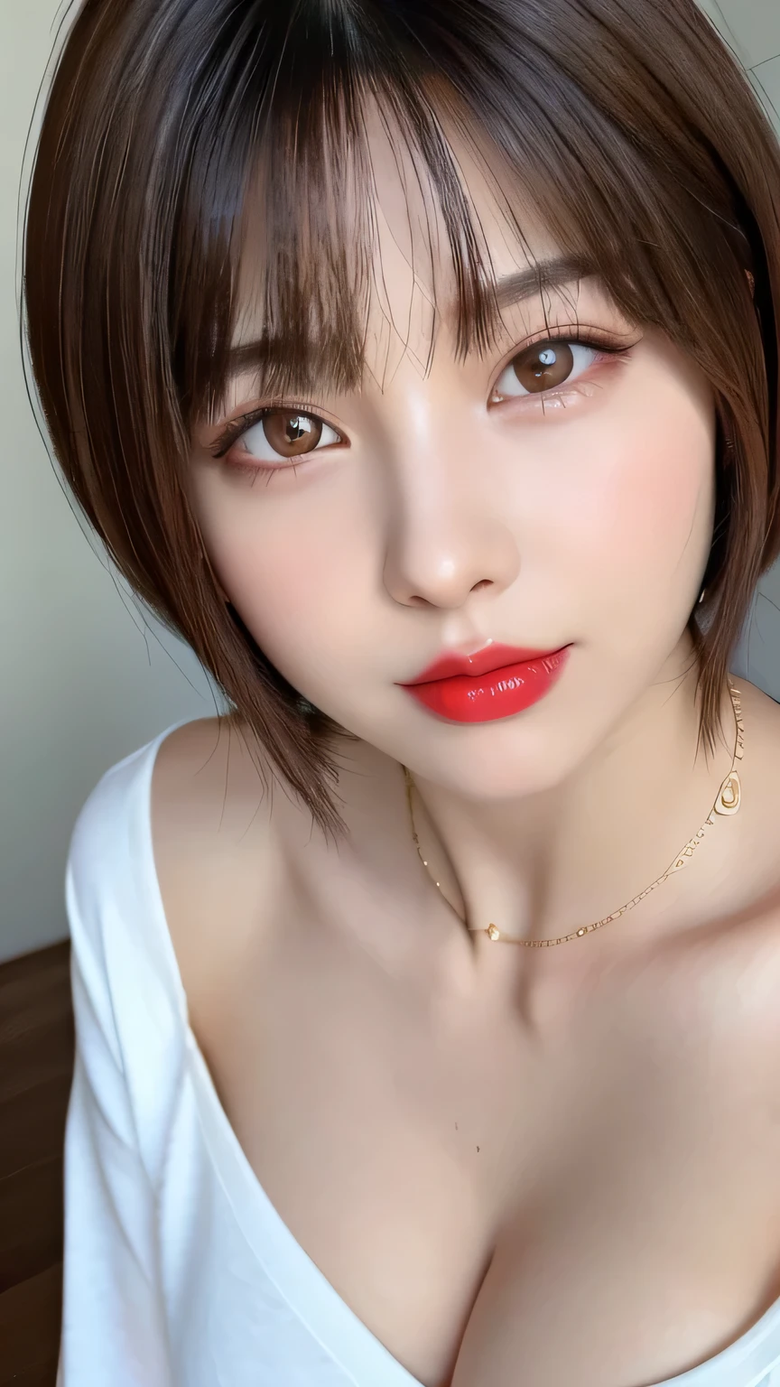 (highest quality、on the table、8K、best image quality、Award-winning work)、(young girl, :1.3)、(Perfect V-neck long red sweater:1.2)、(red eyeshadow:1.2)、perfect makeup、long eyelashes、Ultra HD Shining Eyes、ultra hd hair、ultra high resolution glossy lips、Super high resolution perfect teeth、Super high resolution cute face、brown hair、(very short straight hair:1.1)、look at me and smile、[clavicle]、accurate anatomy、Luxury love hotel、(the moodiest warm light:1.2)、blurred background、have bangs、Super high-resolution glossy and moisturized face、Super high resolution glowing skin、The most delicate face、Ultra high resolution detailed faces、ultra high resolution hair、Super high resolution shining eyes、A beautiful face with detailed expressions、Super high resolution glossy red lips、big breasts、Split、fashion necklace、white camisole