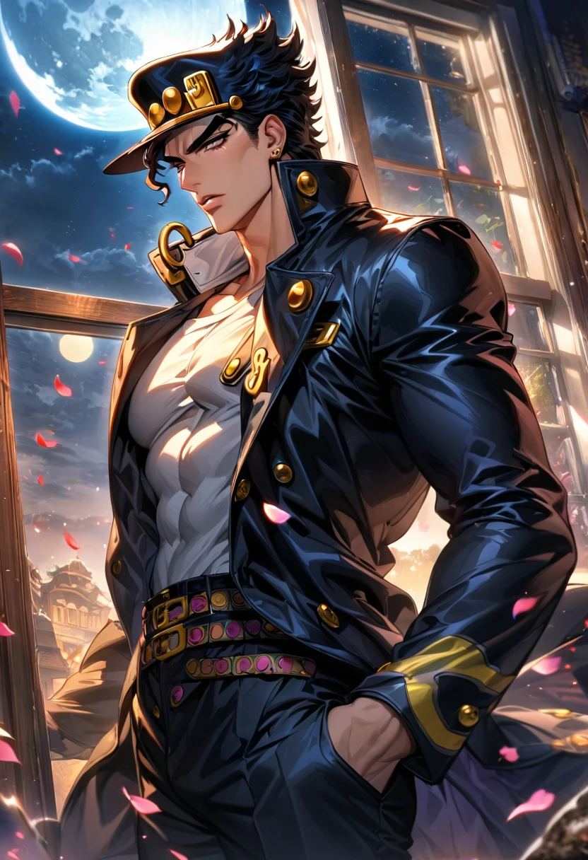 (absurdres, highres, ultra detailed, HDR), master piece, best quality, Jotaro Kujo, black hair, black hat, 1man, handsome, Jojo bizarre adventure, black leather coat, moon, petals, window