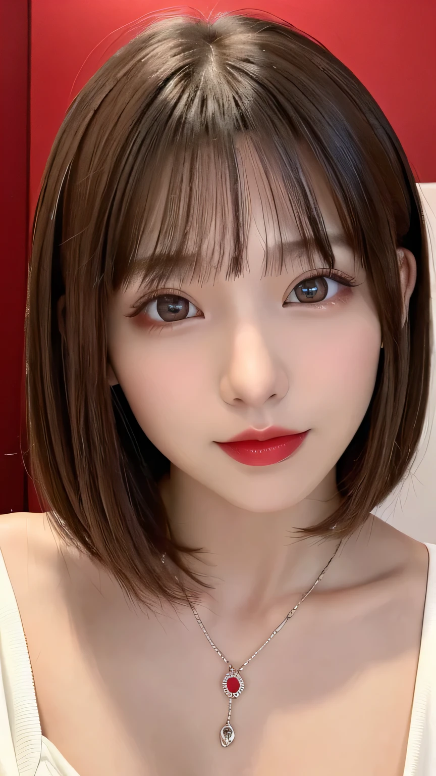 (highest quality、on the table、8K、best image quality、Award-winning work)、(young girl, 14 years old:1.3)、(Perfect V-neck long red sweater:1.2)、(red eyeshadow:1.2)、perfect makeup、long eyelashes、Ultra HD Shining Eyes、ultra hd hair、ultra high resolution glossy lips、Super high resolution perfect teeth、Super high resolution cute face、brown hair、(very short straight hair:1.1)、look at me and smile、[clavicle]、accurate anatomy、Luxury love hotel、(the moodiest warm light:1.2)、blurred background、have bangs、Super high-resolution glossy and moisturized face、Super high resolution glowing skin、The most delicate face、Ultra high resolution detailed faces、ultra high resolution hair、Super high resolution shining eyes、A beautiful face with detailed expressions、Super high resolution glossy red lips、big breasts、Split、fashion necklace、white camisole