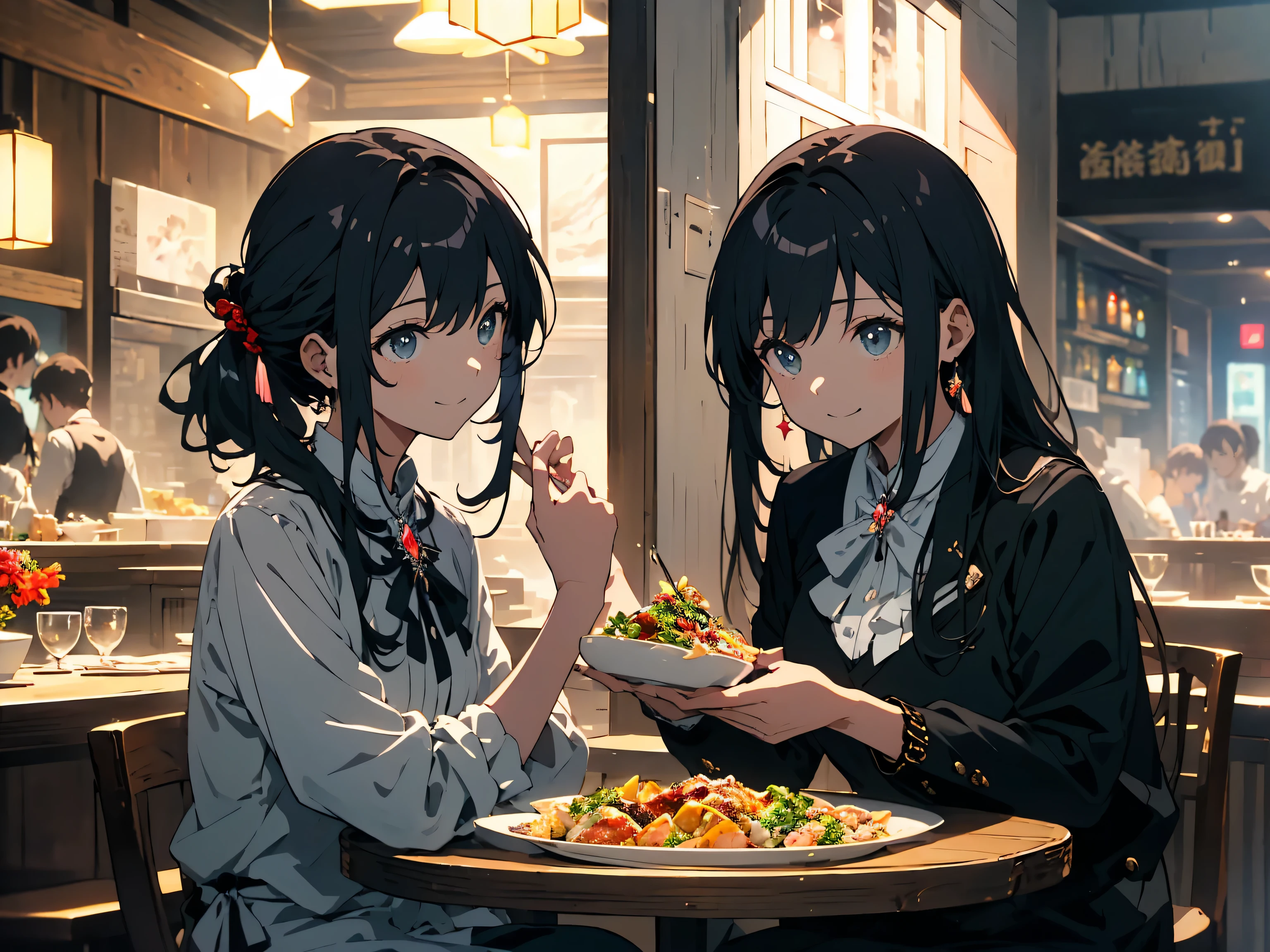 smile, closed eyes, blush, long hair, black hair, multiple girls, open mouth, chopsticks, indoors, bangs, teeth, solo focus, ^_^, 2girls, food, blurry