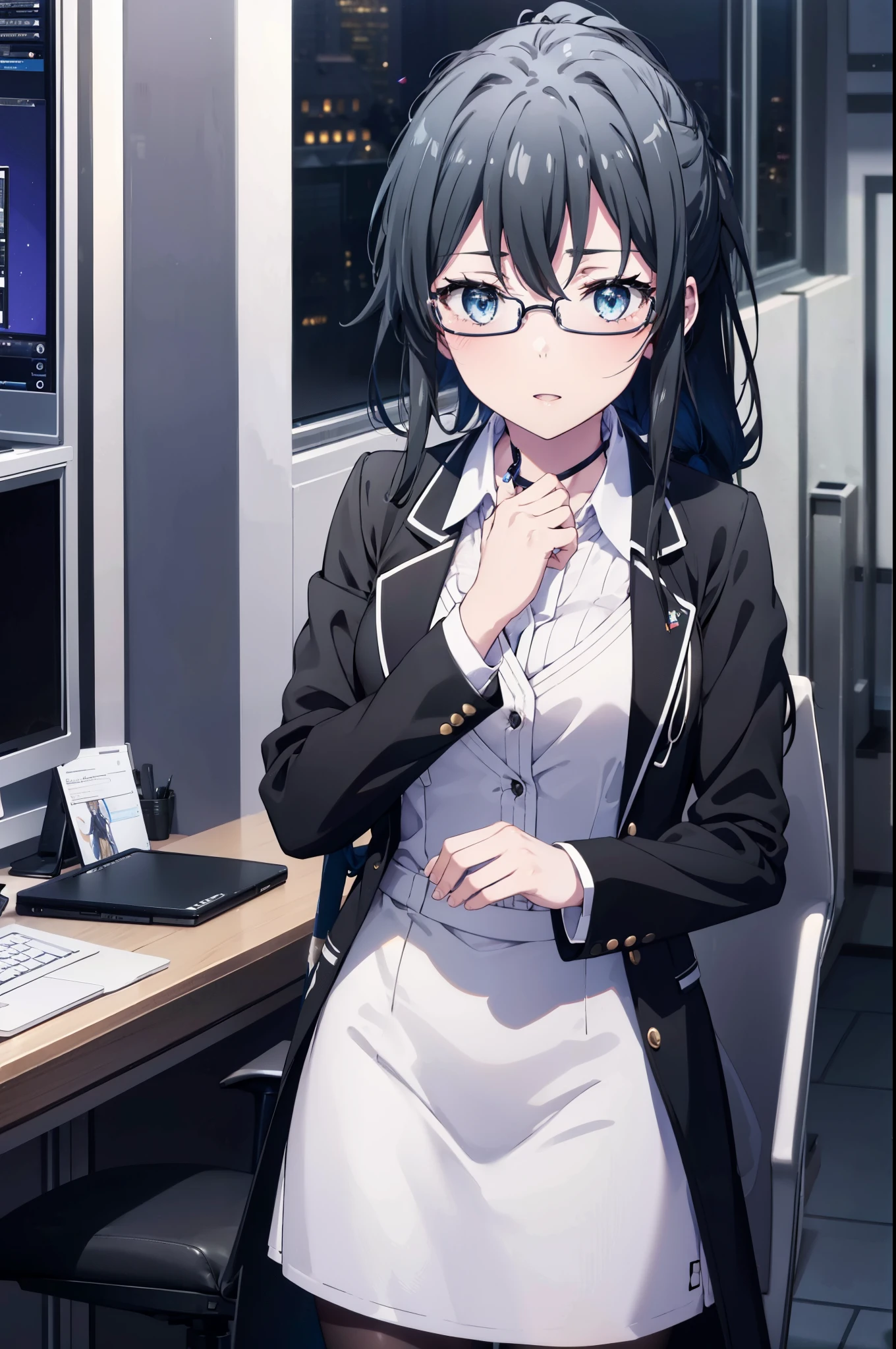 yukinoyukinoshita, yukino yukinoshita, black hair, blue eyes, long hair,short braided hair,ponytail, Ahoge,OL, happy smile, smile, open your mouth,Black Abyss glasses, end, black suit jacket, collared jacket, white dress shirt, collared shirt, neckline, button, strap, ID card on the neck, black pencil skirt, black pantyhose,stiletto heels,Sit on a chair with your legs crossed,There is a computer on the desk.,touch typing,So that the whole body is included in the illustration,
break outdoors, city,building street,
break looking at viewer, (cowboy shot:1.5),
break (masterpiece:1.2), highest quality, High resolution, unity 8k wallpaper, (shape:0.8), (fine and beautiful eyes:1.6), highly detailed face, perfect lighting, Very detailed CG, (perfect hands, perfect anatomy),