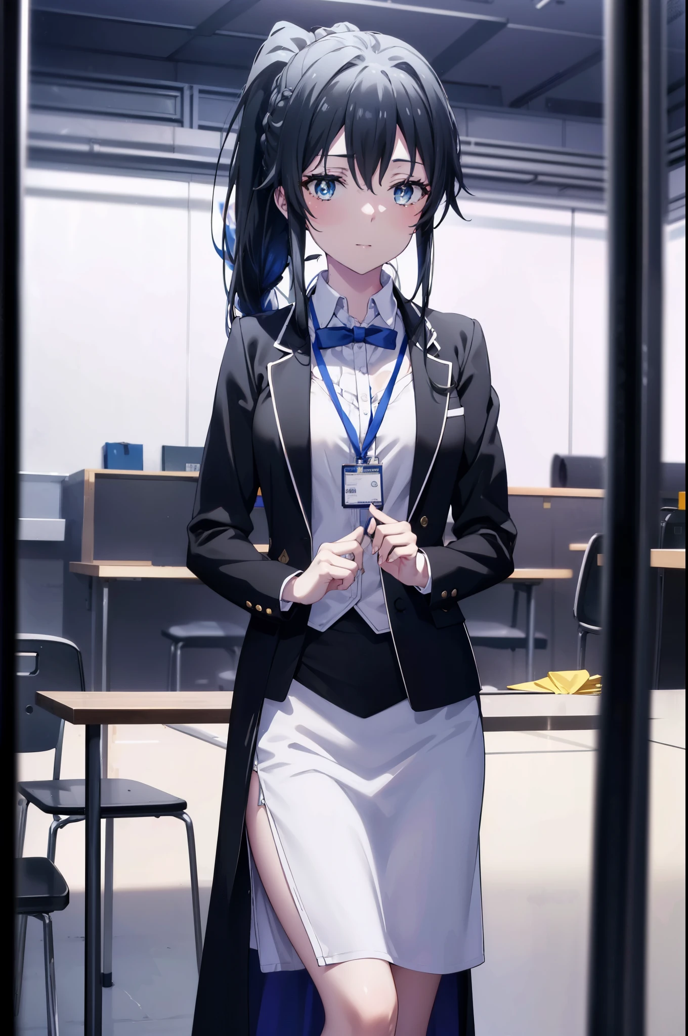 yukinoyukinoshita, yukino yukinoshita, black hair, blue eyes, long hair,short braided hair,ponytail, Ahoge,OL, happy smile, smile, open your mouth,Black Abyss glasses, end, black suit jacket, collared jacket, white dress shirt, collared shirt, neckline, button, strap, ID card on the neck, black pencil skirt, black pantyhose,stiletto heels,Sit on a chair with your legs crossed,There is a computer on the desk.,touch typing,So that the whole body is included in the illustration,
break outdoors, city,building street,
break looking at viewer, (cowboy shot:1.5),
break (masterpiece:1.2), highest quality, High resolution, unity 8k wallpaper, (shape:0.8), (fine and beautiful eyes:1.6), highly detailed face, perfect lighting, Very detailed CG, (perfect hands, perfect anatomy),