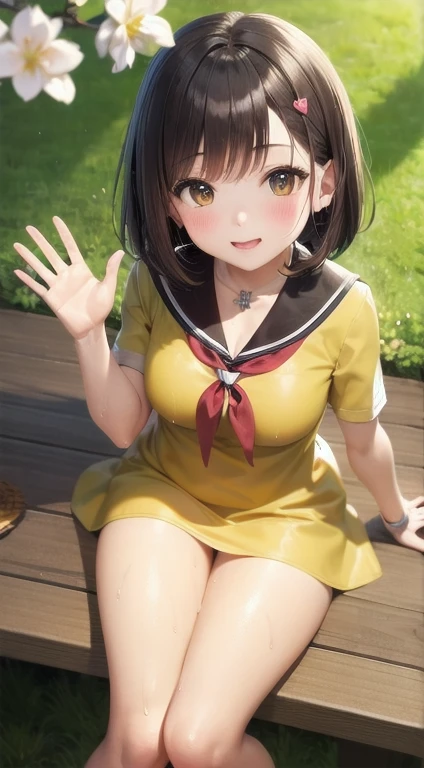 1 girl, blush, cosmetics, Yellow school uniform, whole body, wide angle, from above, garden,light, glow, thigh , clavicle, Willow Yao, (on the table), wallpaper,wet、Micro underwear that can be seen through clothes、short black hair,Smile,greet,Waving,hairpin,low collar,ditch,(((Waving,pray))),Under the cherry blossom tree,Heart-shaped neckline,Chest dew,bare legs,low collar口
