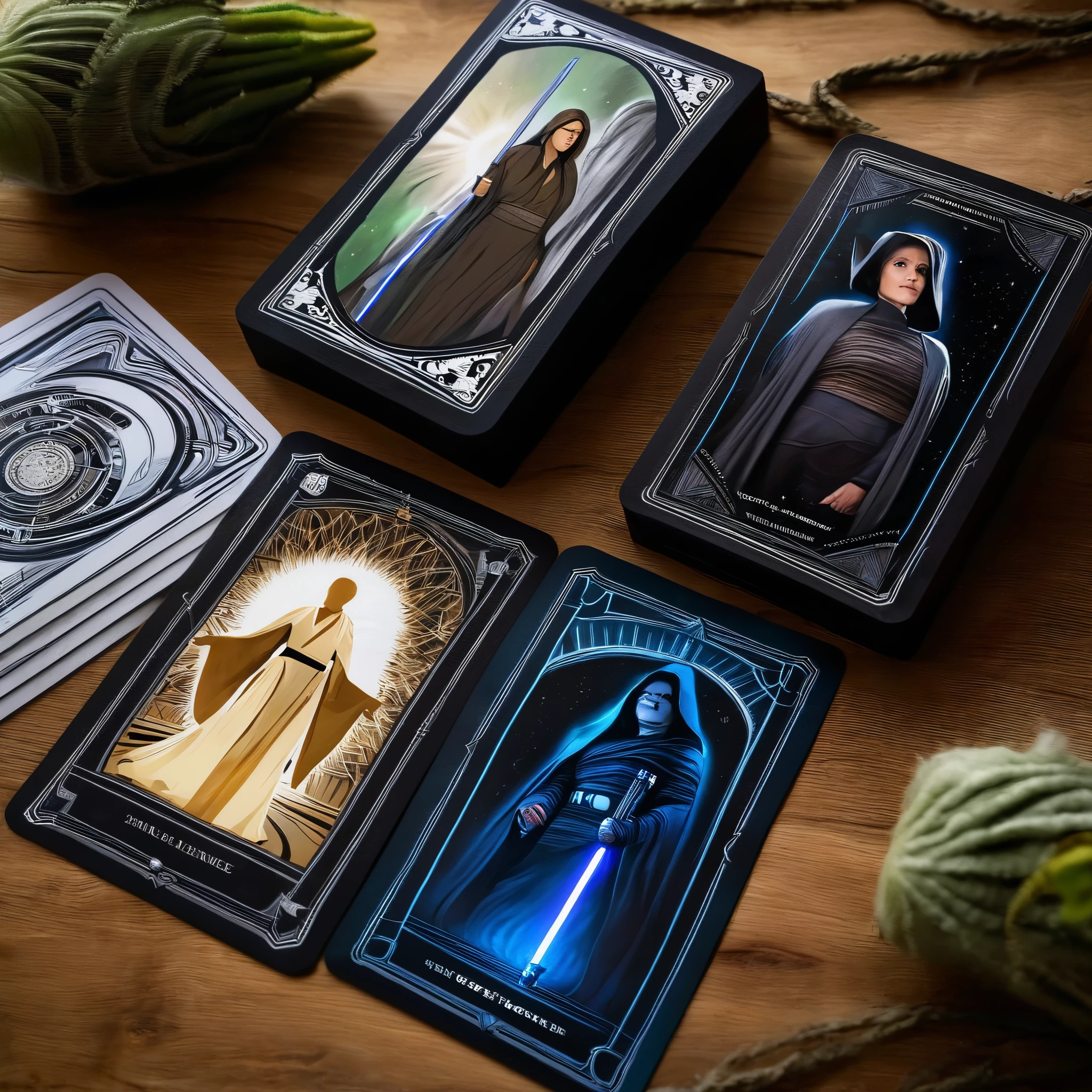 (best quality,4k,8k,highres,masterpiece:1.2),ultra-detailed,(realistic,photorealistic,photo-realistic:1.37),Star Wars themed Tarot cards,A deck of (mystical,beautifully illustrated,artistic) Tarot cards from the Star Wars universe is meticulously arranged on a mysterious and ancient wooden deck. The intricate details of each card are (captivating,meticulous,and intricately illustrated:1.1), with vibrant colors that bring the characters and scenes to life. The cards depict iconic Star Wars characters, such as Jedi masters, Sith lords, rebels, and droids, each with their (own,distinct) symbolism and meaning [Jedi],[Sith],[rebels],[droids]. 

As the cards are dealt out, they reveal a (powerful,ominous) five-card fortune [five-card fortune:1.1]. The (first card:1.3) depicts the wise and serene Jedi Master Yoda, symbolizing knowledge, wisdom, and guidance [Yoda:1.1]. The (second card:1.3) shows the menacing Darth Vader, representing the path of darkness, temptation, and inner conflicts [Darth Vader:1.1].

In the (third card:1.3), the courageous and determined Luke Skywalker stands tall, symbolizing a journey of self-discovery, heroism, and seeking the truth [Luke Skywalker:1.1]. The (fourth card:1.3) reveals the enigmatic Princess Leia, a symbol of leadership, diplomacy, and resilience [Princess Leia:1.1]. Finally, the (fifth card:1.3) unveils the charming and adventurous Han Solo, representing unexpected encounters, luck, and resourcefulness [Han Solo:1.1].

These Star Wars-themed Tarot cards are more than just a game; they serve as a portal into a universe of myth, magic, and destiny. The (background:0.9) is bathed in a gentle glow, as if being illuminated by the Force itself. The (mysterious,otherworldly) atmosphere (enhances:0.9) the sense of the unknown and the hidden wisdoms waiting to be revealed.

The artwork on each card is incredibly detailed, displaying the talent and dedication of the artist. From the intricate designs of the costumes to the expressions on th