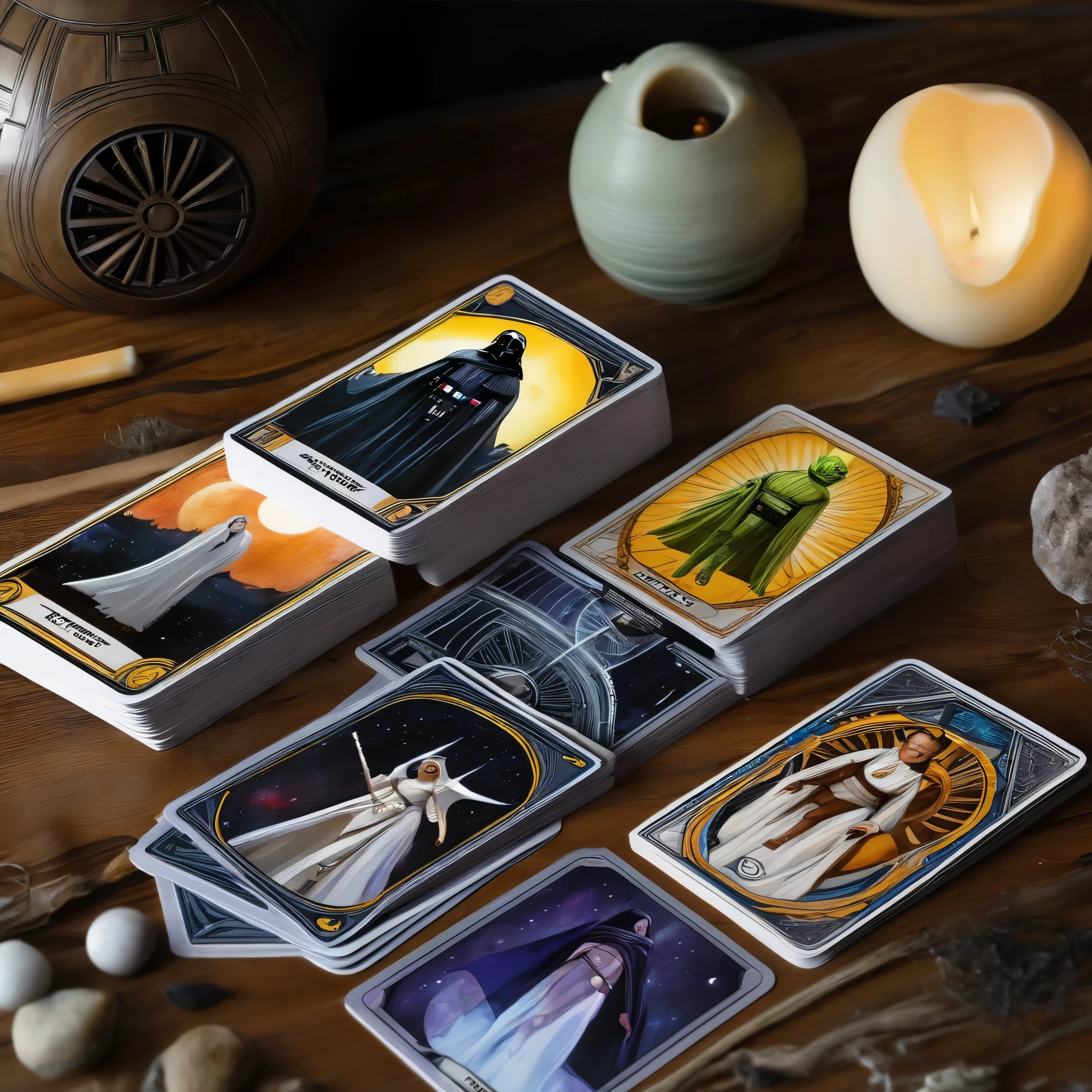 (best quality,4k,8k,highres,masterpiece:1.2),ultra-detailed,(realistic,photorealistic,photo-realistic:1.37),Star Wars themed Tarot cards,A deck of (mystical,beautifully illustrated,artistic) Tarot cards from the Star Wars universe is meticulously arranged on a mysterious and ancient wooden deck. The intricate details of each card are (captivating,meticulous,and intricately illustrated:1.1), with vibrant colors that bring the characters and scenes to life. The cards depict iconic Star Wars characters, such as Jedi masters, Sith lords, rebels, and droids, each with their (own,distinct) symbolism and meaning [Jedi],[Sith],[rebels],[droids]. 

As the cards are dealt out, they reveal a (powerful,ominous) five-card fortune [five-card fortune:1.1]. The (first card:1.3) depicts the wise and serene Jedi Master Yoda, symbolizing knowledge, wisdom, and guidance [Yoda:1.1]. The (second card:1.3) shows the menacing Darth Vader, representing the path of darkness, temptation, and inner conflicts [Darth Vader:1.1].

In the (third card:1.3), the courageous and determined Luke Skywalker stands tall, symbolizing a journey of self-discovery, heroism, and seeking the truth [Luke Skywalker:1.1]. The (fourth card:1.3) reveals the enigmatic Princess Leia, a symbol of leadership, diplomacy, and resilience [Princess Leia:1.1]. Finally, the (fifth card:1.3) unveils the charming and adventurous Han Solo, representing unexpected encounters, luck, and resourcefulness [Han Solo:1.1].

These Star Wars-themed Tarot cards are more than just a game; they serve as a portal into a universe of myth, magic, and destiny. The (background:0.9) is bathed in a gentle glow, as if being illuminated by the Force itself. The (mysterious,otherworldly) atmosphere (enhances:0.9) the sense of the unknown and the hidden wisdoms waiting to be revealed.

The artwork on each card is incredibly detailed, displaying the talent and dedication of the artist. From the intricate designs of the costumes to the expressions on th