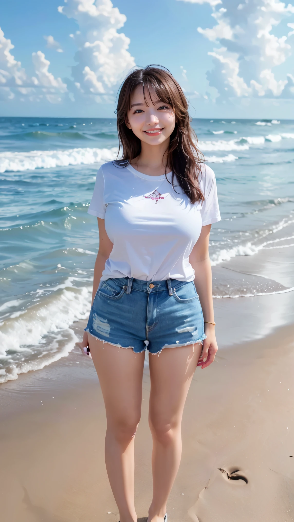 (highest quality、masterpiece、8K、best image quality、hyper realism、Award-winning work)、1 female、(alone:1.3)、(1 photo:1.2)、(Thin, tight short-sleeved T-shirt:1.1)、(very short ripped distressed shorts:1.1)、(My butt sticks out from my torn shorts.:1.1)、(Standing gracefully:1.2)、(最も自然でwide々standing on a beautiful and perfect beach:1.2)、(wide々Standing on the shore of beautiful waves:1.1)、(beautiful perfect sandy beach:1.1)、(beautiful clear sky:1.1)、(beautiful thunder clouds:1.1)、beautiful sea、(透き通って鮮やかなbeautiful sea:1.1)、Complex sea glow、beautiful seaの詳細が描かれています、(Full body photo of a woman standing gracefully:1.3)、(emphasize body line:1.1)、(thick and beautiful legs:1.3)、(glamorous body:1.2)、(big breasts:1.3)、(big ass:1.2)、(Height: 140cm:1.2)、(short:1.2)、(Photo from below:1.2)、(Rear view:1.2)、(turn your butt towards me:1.1)、(Looking back at me:1.1)、accurate anatomy、perfect makeup、long eyelashes、glossy lips、Ultra high definition glossy skin、(Ultra-high definition bright and beautiful skin:1.1)、超高精細のglossy lips、Super high definition beautiful teeth