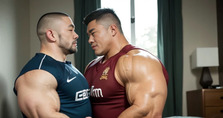 kissing, inside bed room, facing each other, (rugby uniform:1.2), Japanese man, Chinese man, Korean man, Taiwanese man, manly face, round face, monolid eyes, (buzz cut:1.4), very large and strong body, bulging muscles, very large pectoral muscles, muscular arms, muscular abs, muscular legs, muscular back, brightens oily skin, master piece, realistic, panorama, distant view