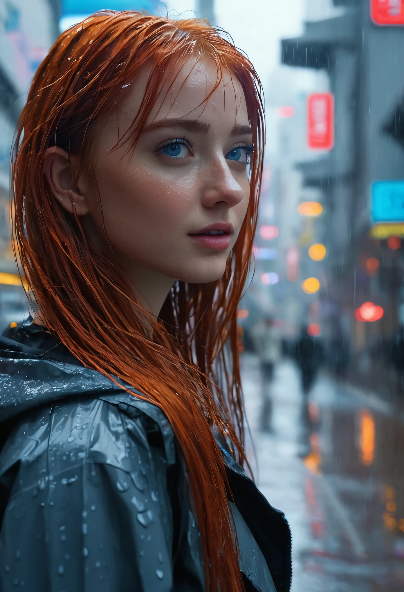 masterpiece , A girl on a rainy day , long red hair , blue eyes , slope , Perfect body , ( technical clothing:1.2) , cyberpunk , future , modern , in cyberpunk city, faint smile , Detailed face ,, , (8k, best quality 1.2), Super detailed, 8K Ultra HD,, soft light, high quality, film grain, beautiful lights,, (cinematic:1.4) ,Perfect body , best lighting, best shadow, clarity, Compared,