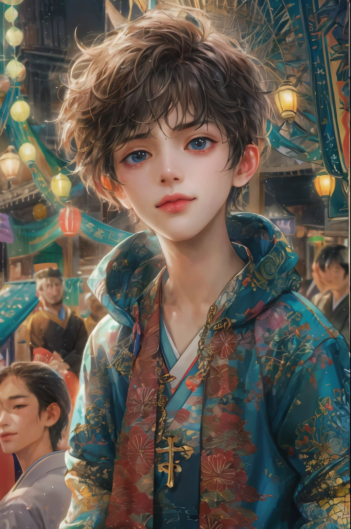 (masterpiece, top quality, best quality, official art, beautiful and aesthetic:1.2), boy, handsome, short hair, extreme detailed faces, a character from a disney tale wearing casual outfit in a Japanese festival, tim Burton style highest detailed, (perfect face), shiny skin, HDR, detailed surroundings, on the entrance of the carnival with a church scenery