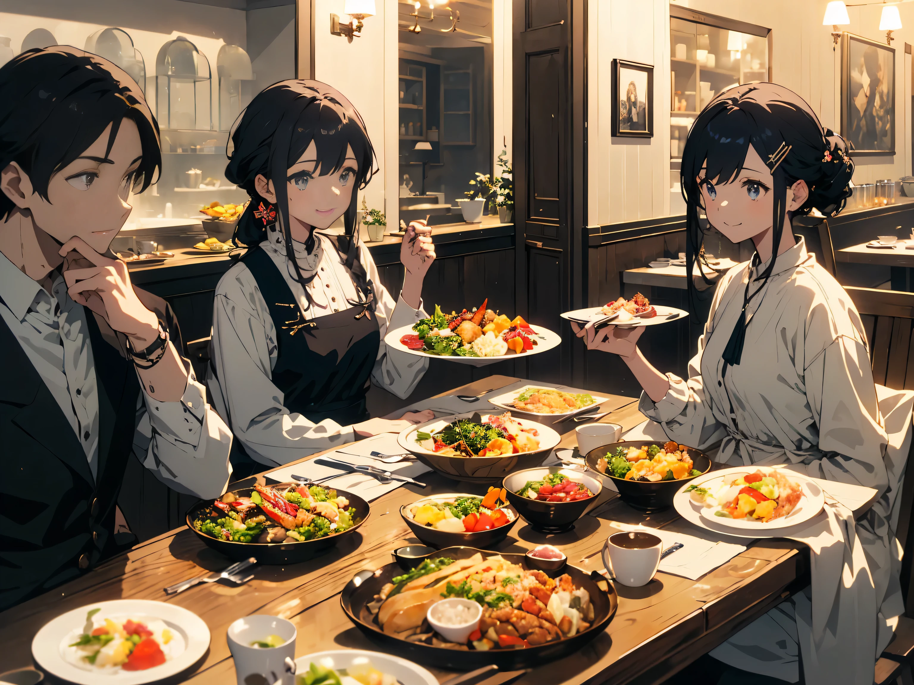 Depicts a beautiful girl full of smiles and a family happily enjoying Italian food in a fashionable restaurant