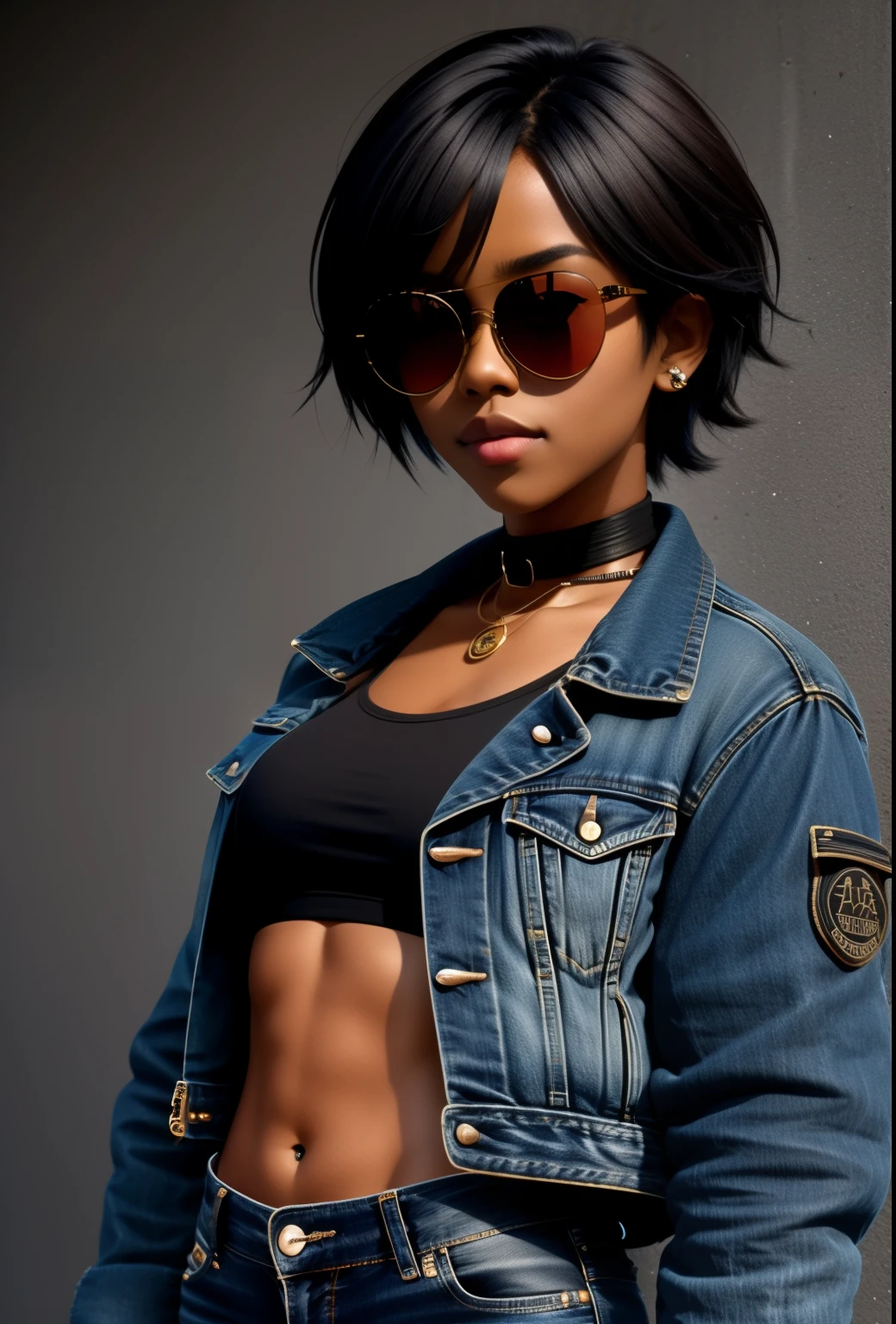 high quality, extremely detailed, perfect face, 1girl, solo, tomboy, midriff, thighhighs, (dark skin),  choker, (blue jacket), sunglasses on forehead, ahoge, piercings, toned, short brown hair, mexican