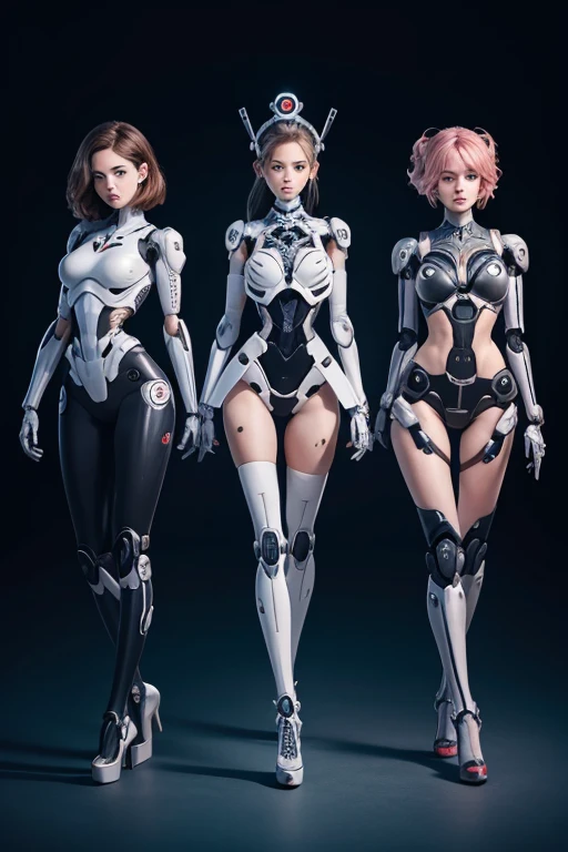 Three female robots
　Everyone is looking straight ahead
　perfect face
　embarrassing
　whole body mechanics
　Everyone looks the same except for the face々colored internal skeleton
　ball joint
　The internal skeleton is full of machinery.
　There is not much difference in height
　From the left: feet with rollers
　The legs in the middle are like stamps
　On the right is a foot shaped like a high heel.
　Are standing
　Inside the Institute