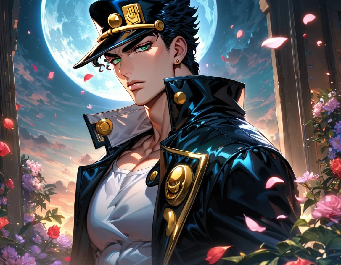 (absurdres, highres, ultra detailed, HDR), master piece, best quality, vibrant green eyes, Jotaro Kujo, black hair, black hat, 1man, handsome, Jojo bizarre adventure, black leather coat, moon, petals, window